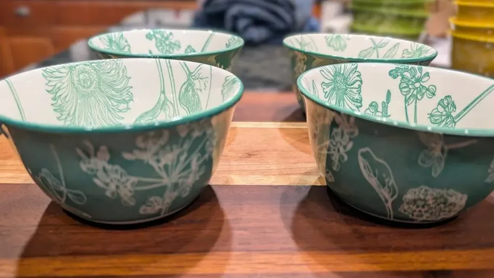 Stoneware Botanical Bowls, set of 4, New, Caribbean Green/Blue!